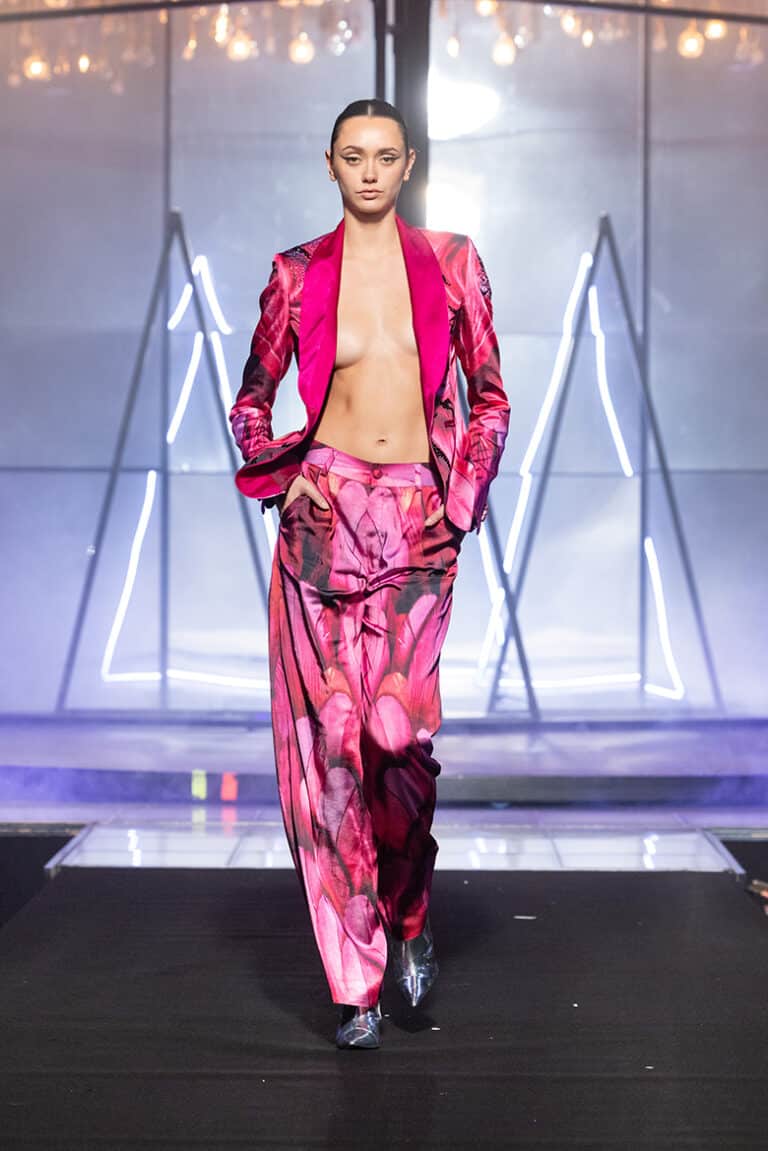 model walk on aura tout vu show wearing pink custom print tuxedo