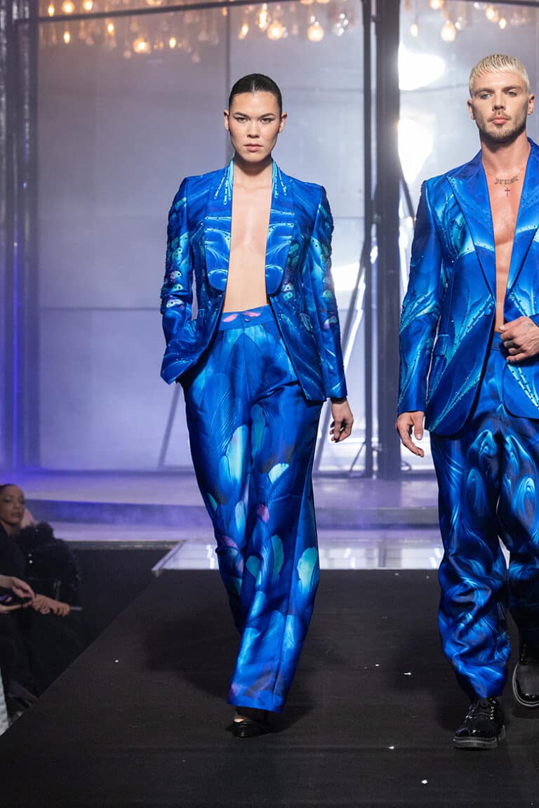 model walk on aura tout vu show wearing blue custom print tuxedo